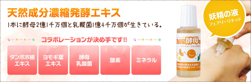 天然成分濃縮発酵エキス 1本に酵母2億1千万個と乳酸菌1億4千万個が生きている。